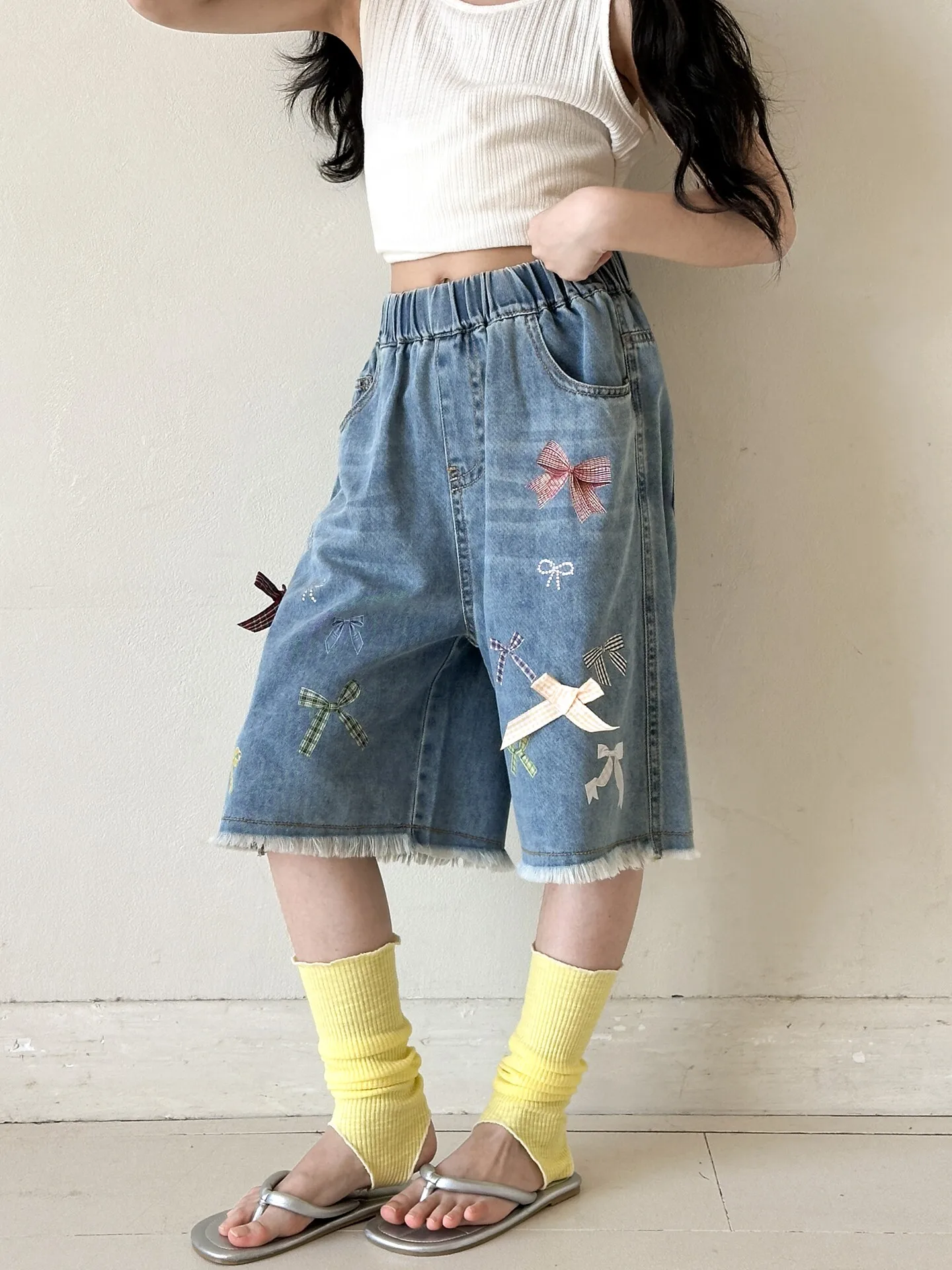 girls-knot-frayed-hem-denim-shorts-children's-summer-clothing-kids-pants-wide-leg-casual-mid-waist-non-fleece
