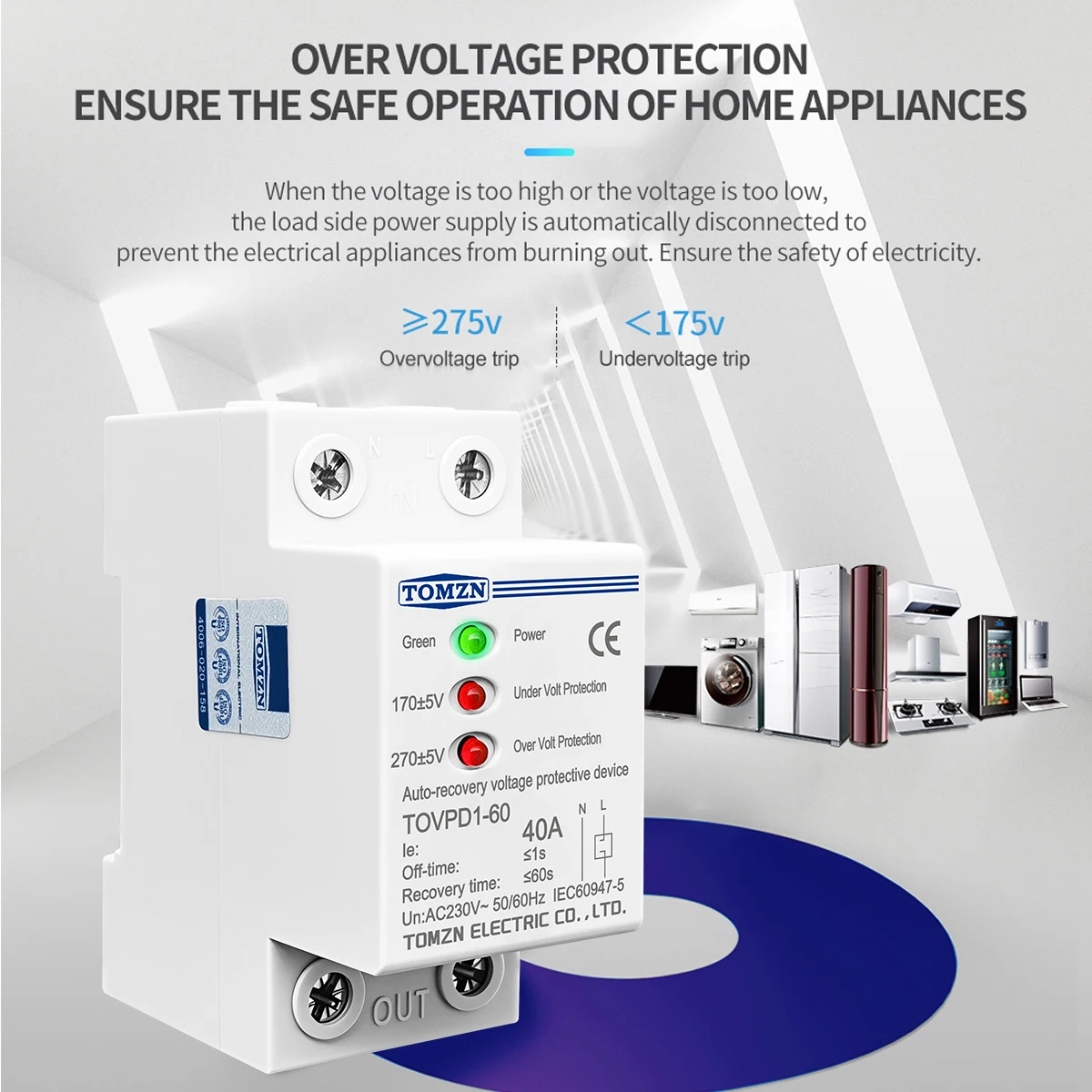 TOMZN DIN Rail 230VAC 40A 3LED Separate Indicator Auto Reconnect Over/Under Voltage Protective Device Protector Protection Relay