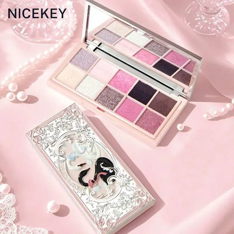 Ten-color Eyeshadow Carved Swan Pearl Relief Eyeshadow Palette, Fine Sparkling Multi-color Blush Eyeshadow One-piece Palette