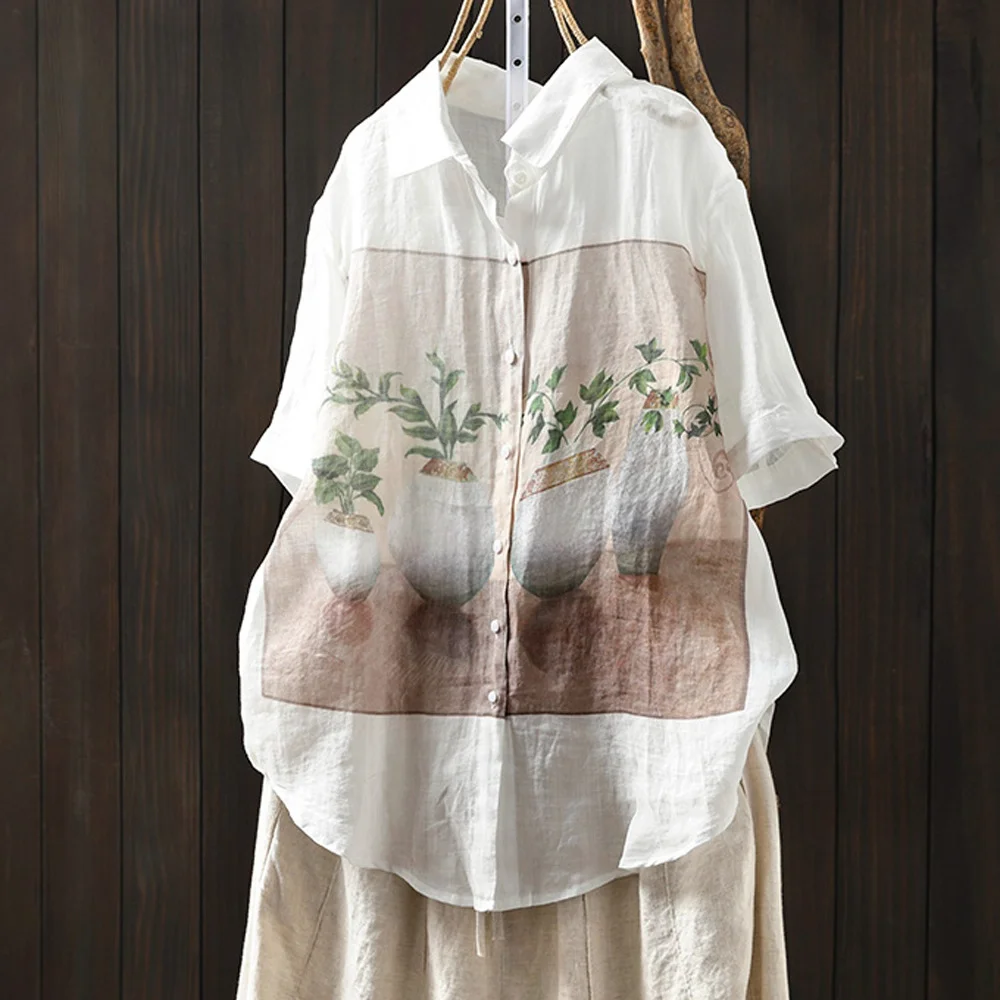 Summer trend blouses 2024 Japan style linen shirts and blouses for women original short sleeve print white shirts with designs