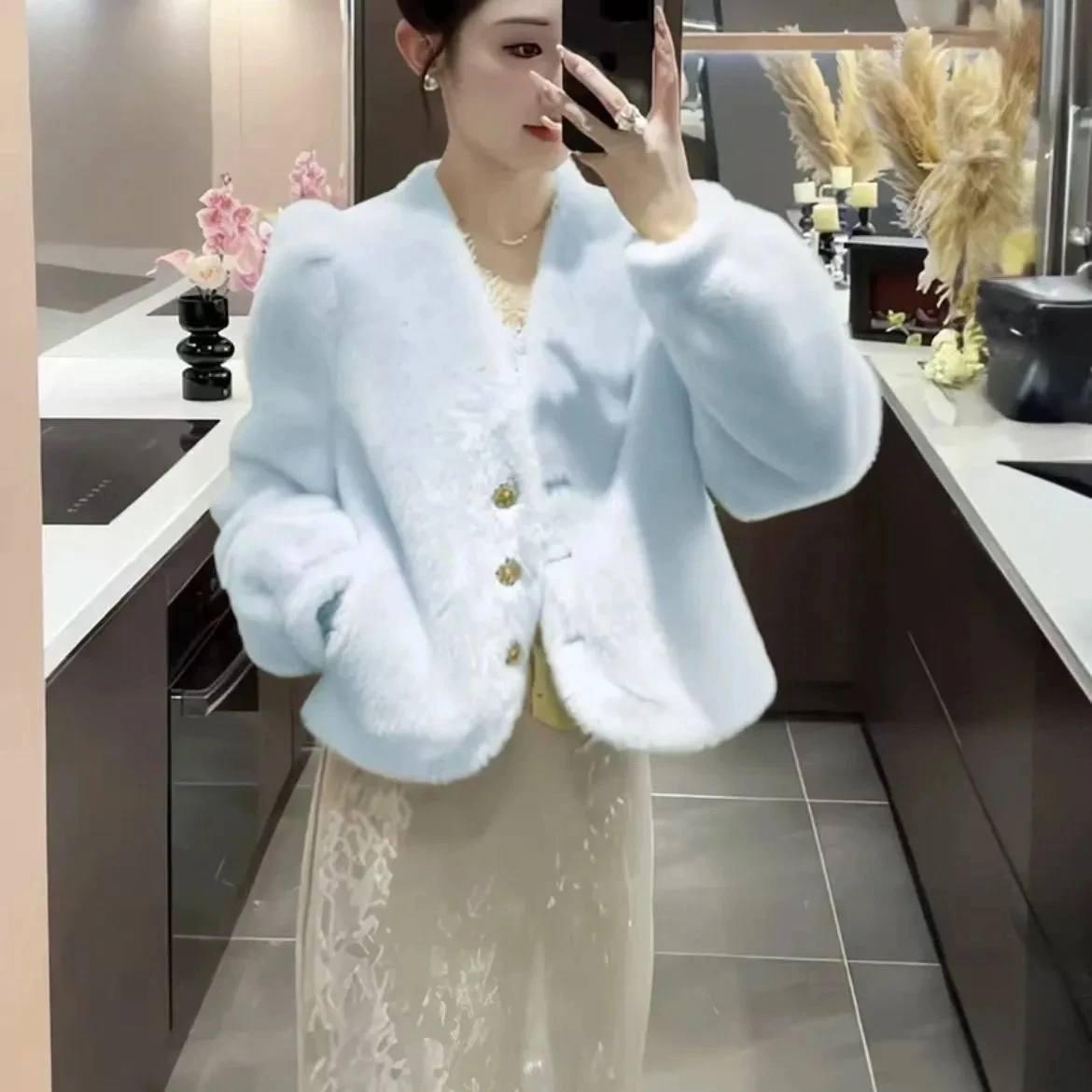 ملابس خارجية شتوية من الفرو من الجلد الكوري Sle ort Thiened V-Ne للنساء مصممة بشكل أنيق وElely