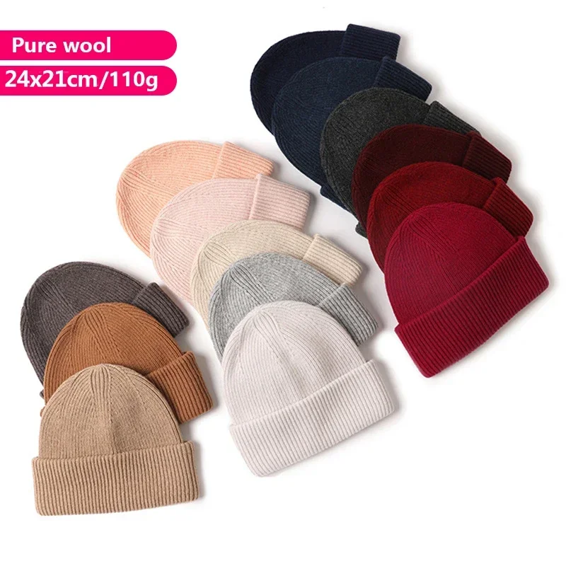 100% Pure Wool Hat and Cap for Women Men Knitted Beanies Winter Warm Thicken Hat Unisex Skullies Beanie Femme Solid Wool Hat