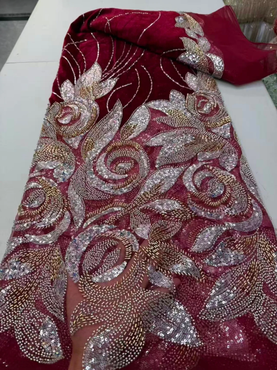 African Velvet Sequins Lace Fabric 2026 High Quality Nigerian Handmade Beaded With Pearls Lace Fabric For Woman Party Dress Sew