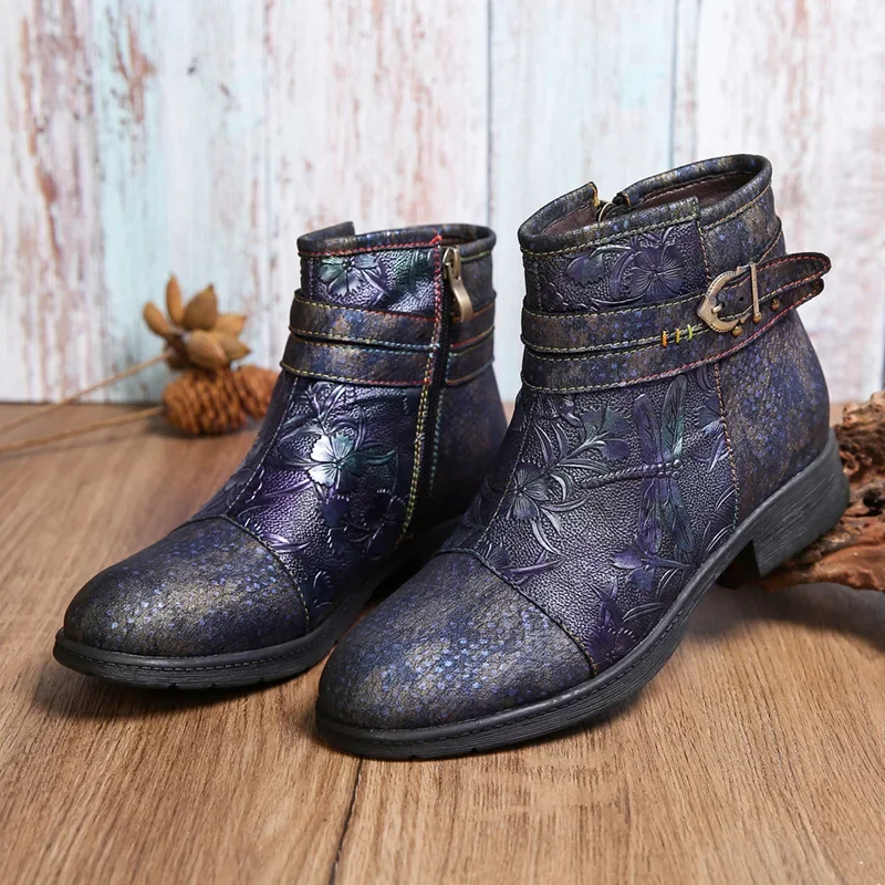 Women's Fashion Woman Boot  zipper 3CM Square heel Ladies' embossed hand-painted flat bottomed comfortable leather boots