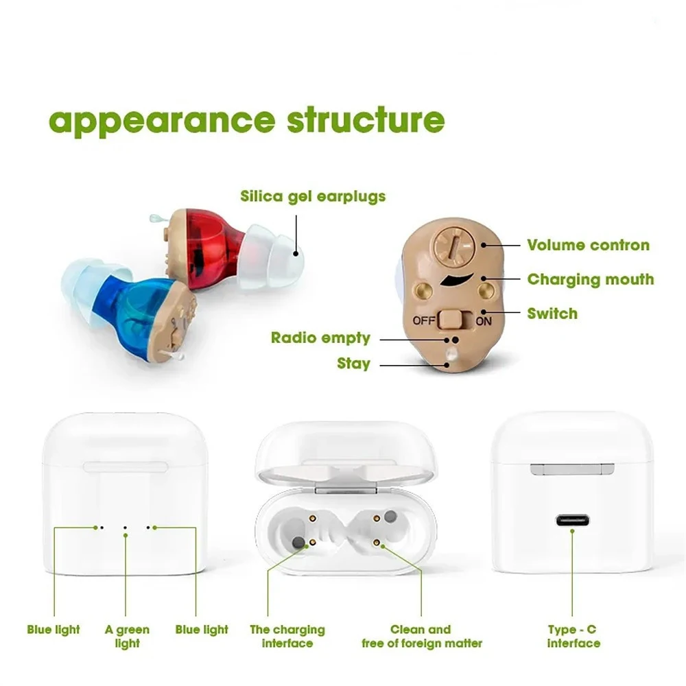 Magnetic Rechargeable Earbuds Invisible Noise Cancellation Assisted Listening Sound Amplifier Headset Audiphone For Elderly