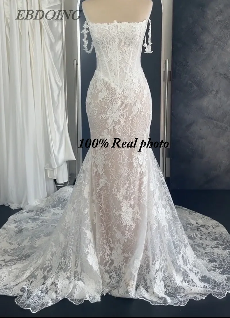 EBDOING فستان الزفاف حورية البحر الدانتيل قارب الرقبة العنق الكلاسيكية الباسك مع الديكور ثوب العروس مخصص