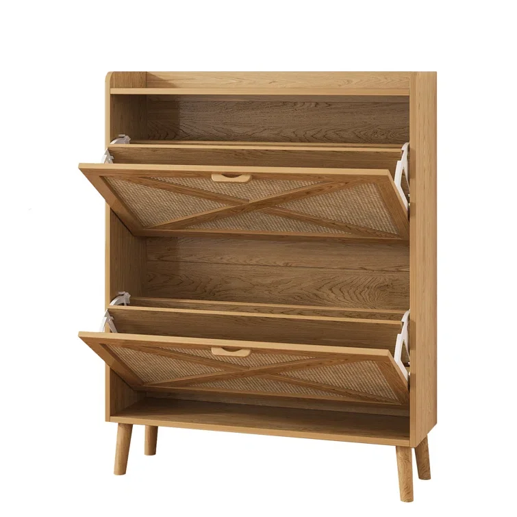 Rattan Shoe Cabinet with 2 Flip Drawers Freestanding Large Capacity Shoe Cabinet Organizer with Soild Wood Legs