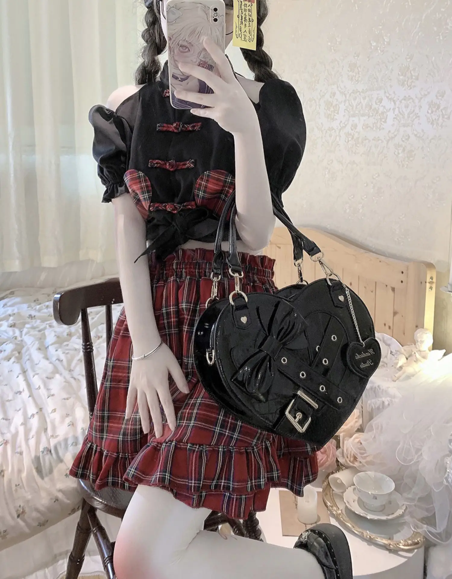 Gothic Cross Lolita Heart Shape Women Handbag Shoulder Bag Kawaii Girls Japanese Bow Tie Satchel Bag Crossbody Bag Totes