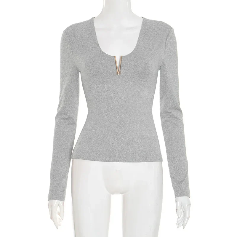 ربيع شيك المرأة الخامس الرقبة طويلة الأكمام سليم صالح الشارع الشهير تي شيرت جديد الخريف بلون أنيقة المعادن القمم بلوزة غير رسمية