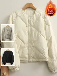 Lightweight Pure Color Diamond Pattern down Cotton Jacket Long Sleeve round Neck Short Style Single Button Women's Coat Winter