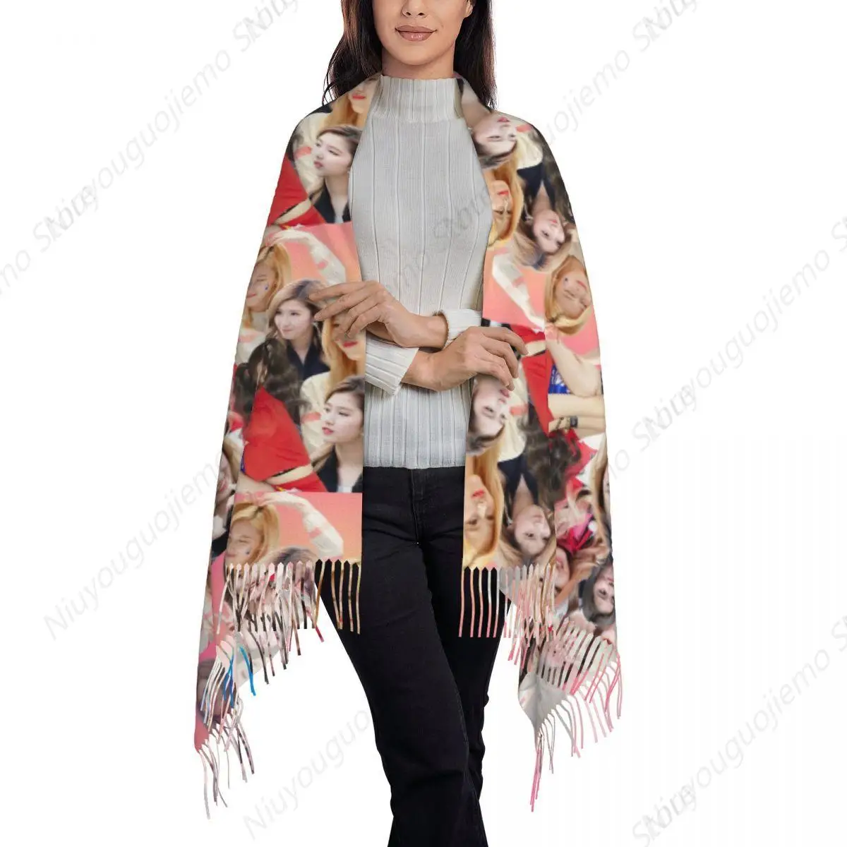 Fun Kpop Singer Twice Girls Scarf Tassel Scarves for Women Soft Warm Shawls and Wraps Large Fall Winter Shawl Wrap