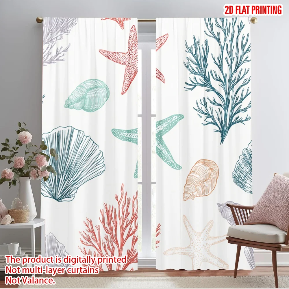 

2pcs 2D flat printing Scene Curtain Coral Starfish Seashell Ocean Polyester Without Electricity Holiday Decorations Use for gold