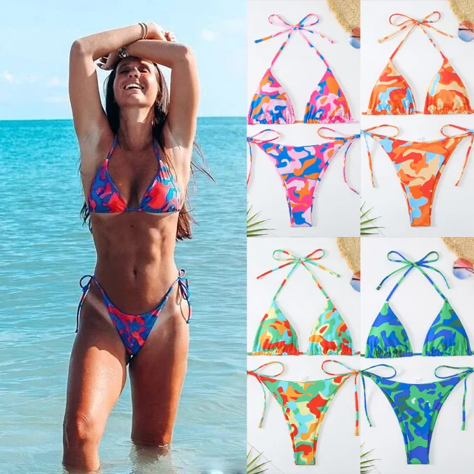 Bathing Suit Women European And American Women's Split Color Contrasting Sexy Lace-up Triangular Bikini Swimsuit
