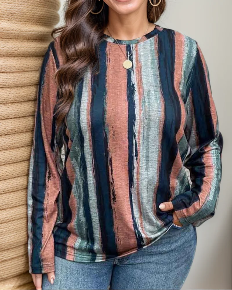 大きいサイズのレディース長袖カジュアルプリントTシャツ