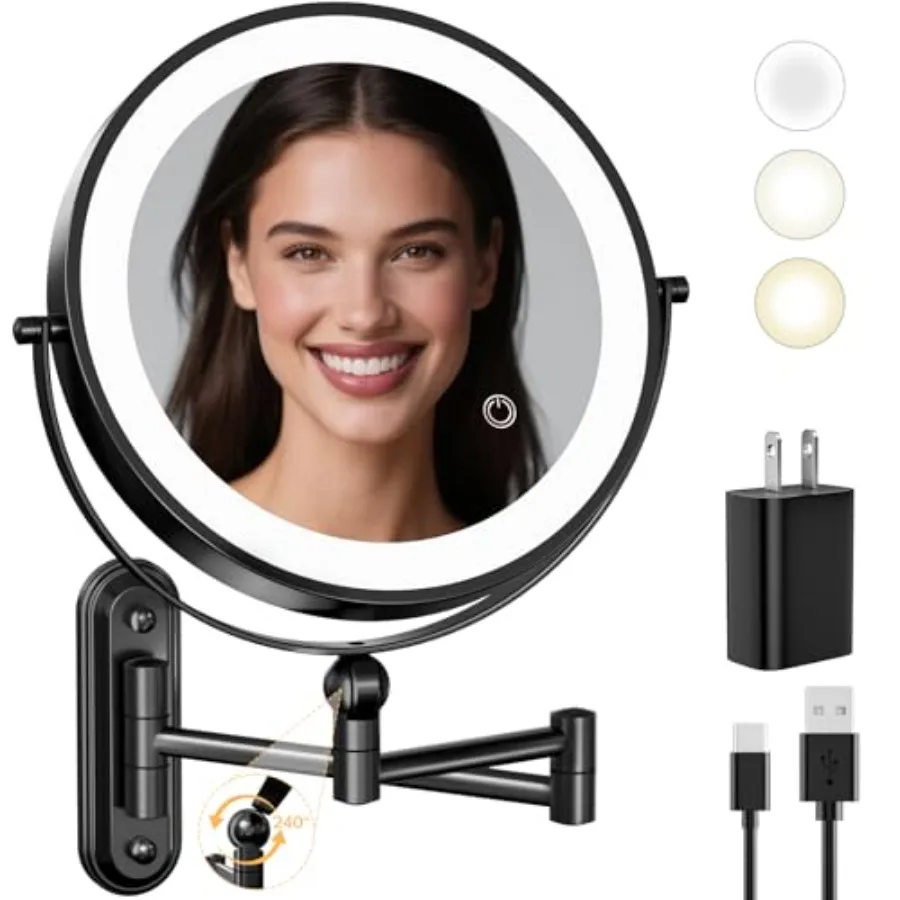 

Wall Mounted LED Lighted Makeup Vanity Mirror - 4000mAh Rechargeable Double Sided 1X/30X Magnifyg Mirror, 3 Color Lights Touch