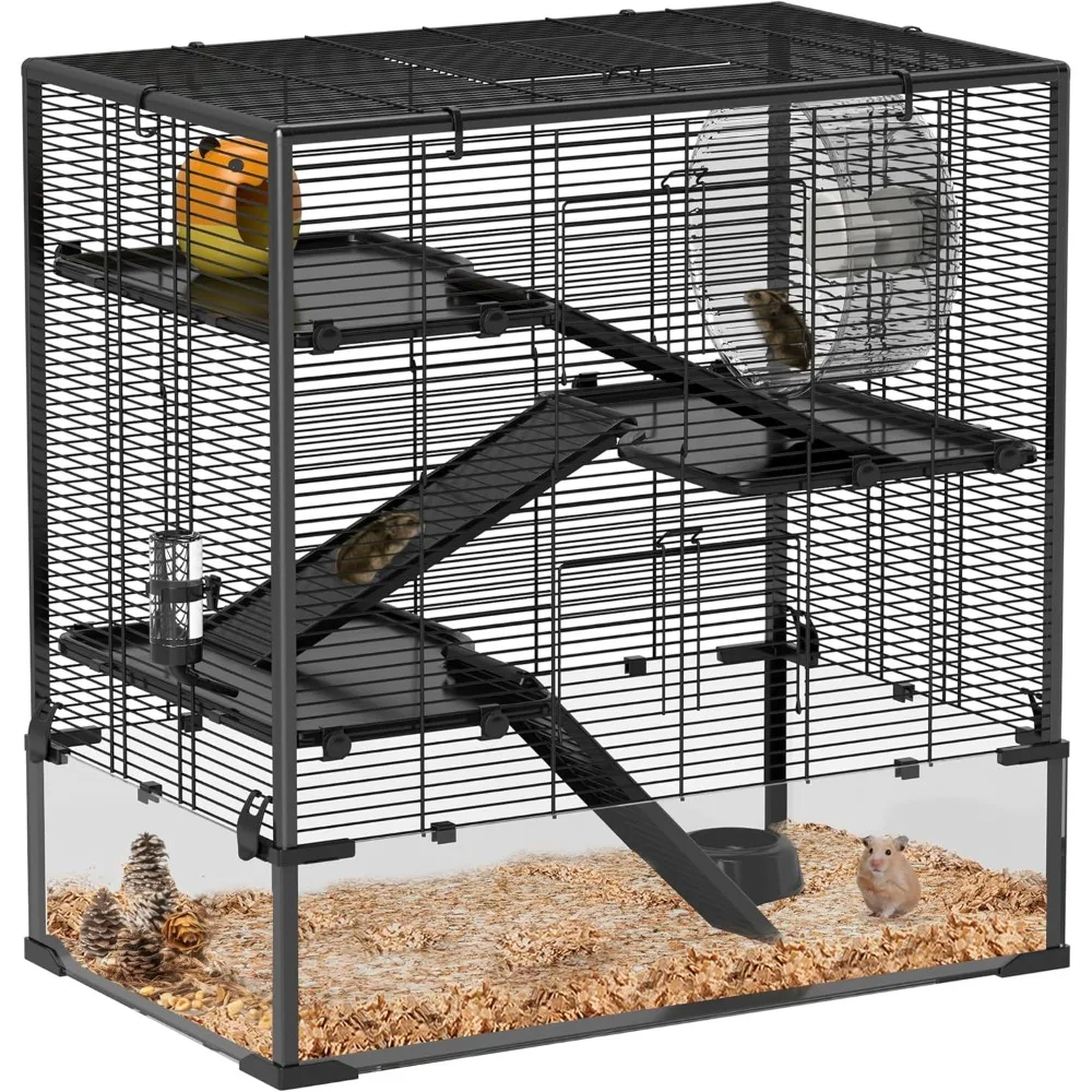

Large Hamster Cage with Deep Tempered Glass Bottom, 4 Tiers Hamster Tank with Running Wheel, Hut, Water Bottle, Dish