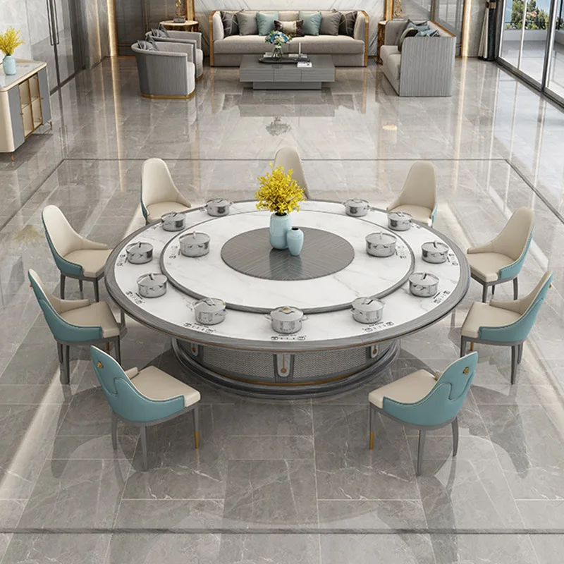 Hotel electric dining table light luxury dining table rock slab large round  people hotel rotating hot pot automatic turntable