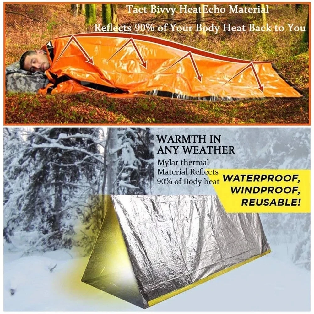 Saco de dormir portátil impermeable para supervivencia de emergencia, equipo para senderismo y acampada, saco térmico para Bivy, botiquín de rescate de primeros auxilios, manta Mylar