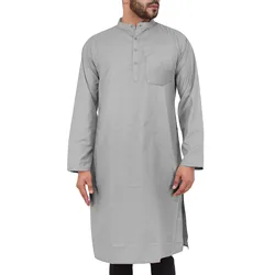 Robe musulmane décontractée à manches longues pour hommes, chemise musulmane, peignoir de poche monochrome, vêtements d'intérieur confortables, 2024