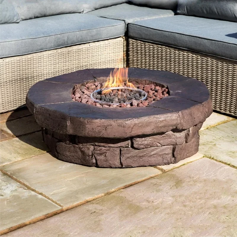 Outdoor Round Propane Smokeless Fire  with Sturdy  Stacked Stone Base