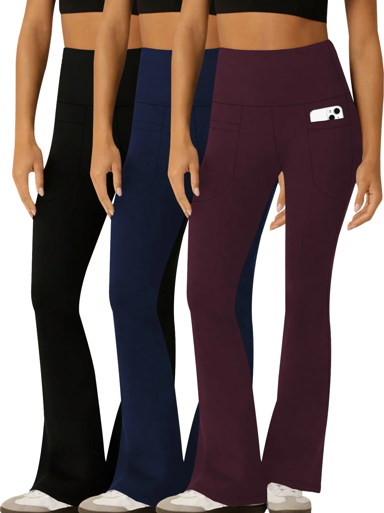 

Комплект из 3 женских супермягких расклешенных леггинсов с карманами и высокой талией для контроля живота, йоги, пуш-ап, тренажерного зала, фитнеса, леггинсов-клеш