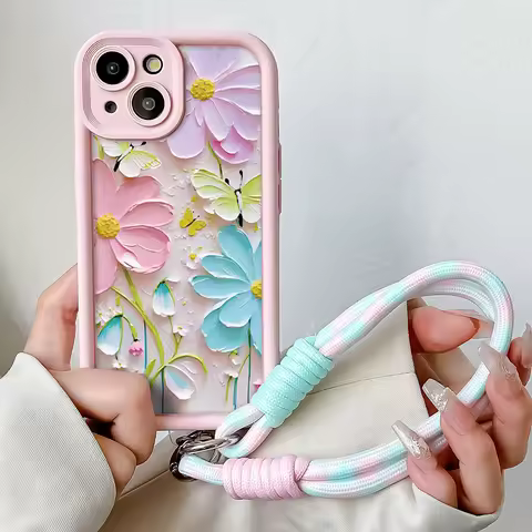 Daisy Flower Wrist Chain Lanyard Case For Xiaomi 13T 11T 12T 14 12 13 Poco X6 X5 X3 F3 F5 Pro Lite Soft TPU Hang Strap Cover