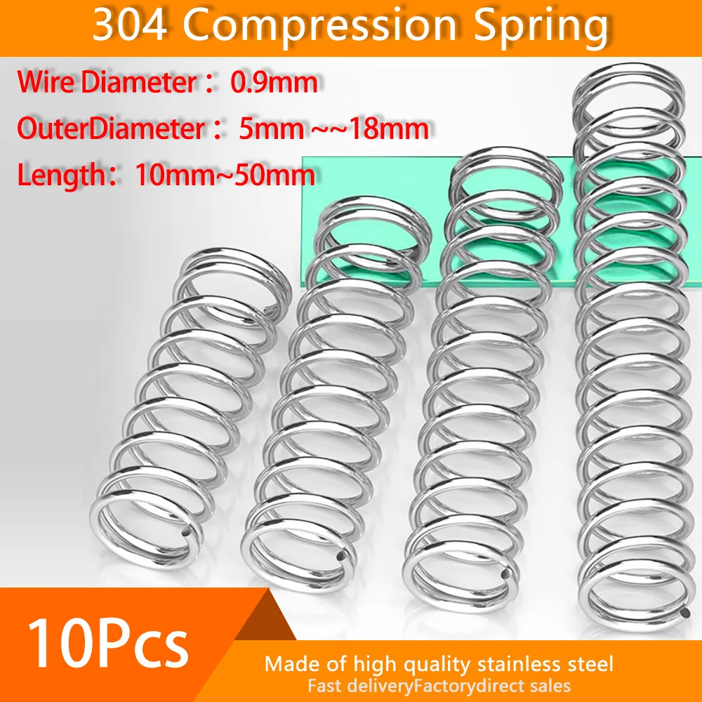 

10Pcs 304 Stainless Steel Compression Spring Diameter 0.9mm Cylidrical Coil Return Springs Pressure Spring diameter 5mm to 18mm