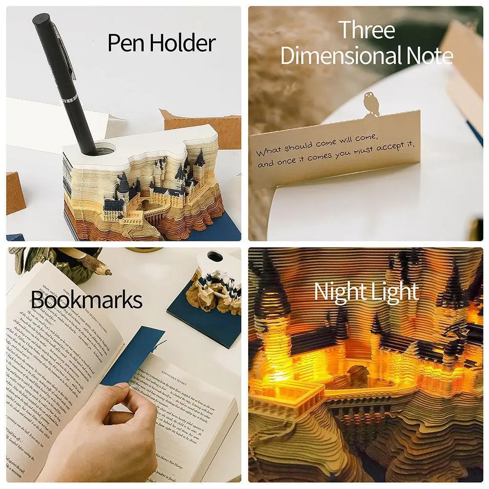 3D Memo Pad, 2025 Desk Calendar Memo Pad, Magic Castle Weekly Calendar With Lights 3D Paper Craft Notepad with Light Pen Holder