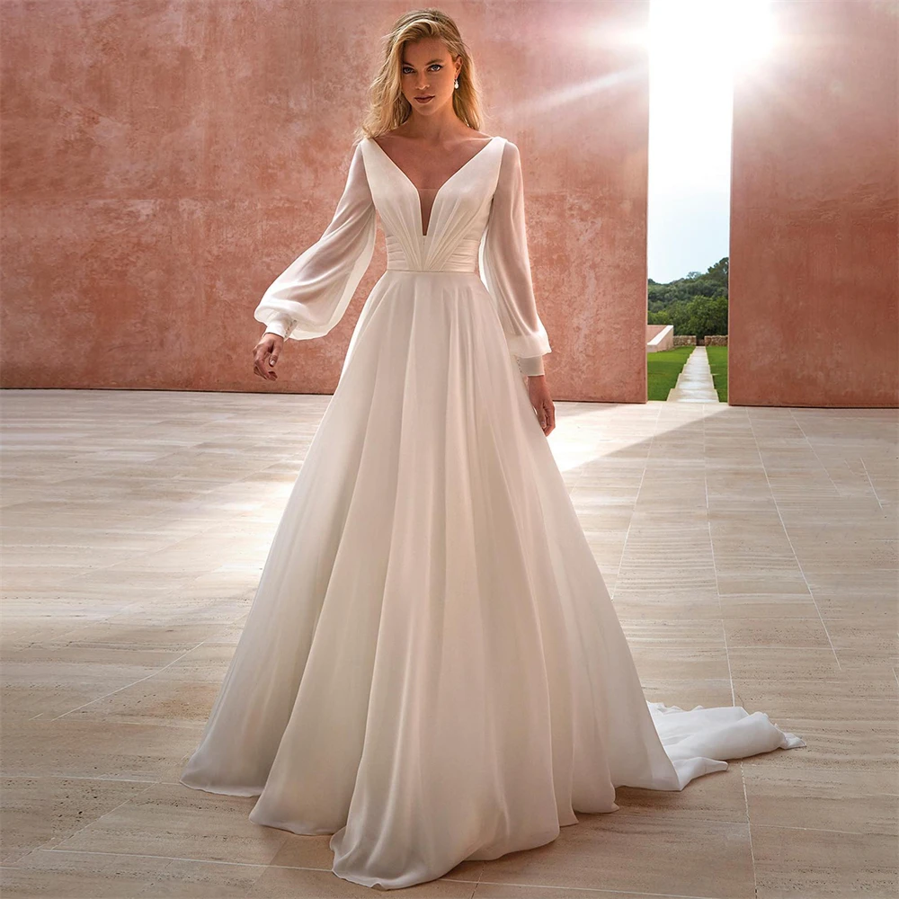 

Elegant Solid Wedding Dresses V-Neck A-Line Lantern Sleeves Pleats Bridal Gowns Boho Princess Bride Dress 2023 Free Shipping