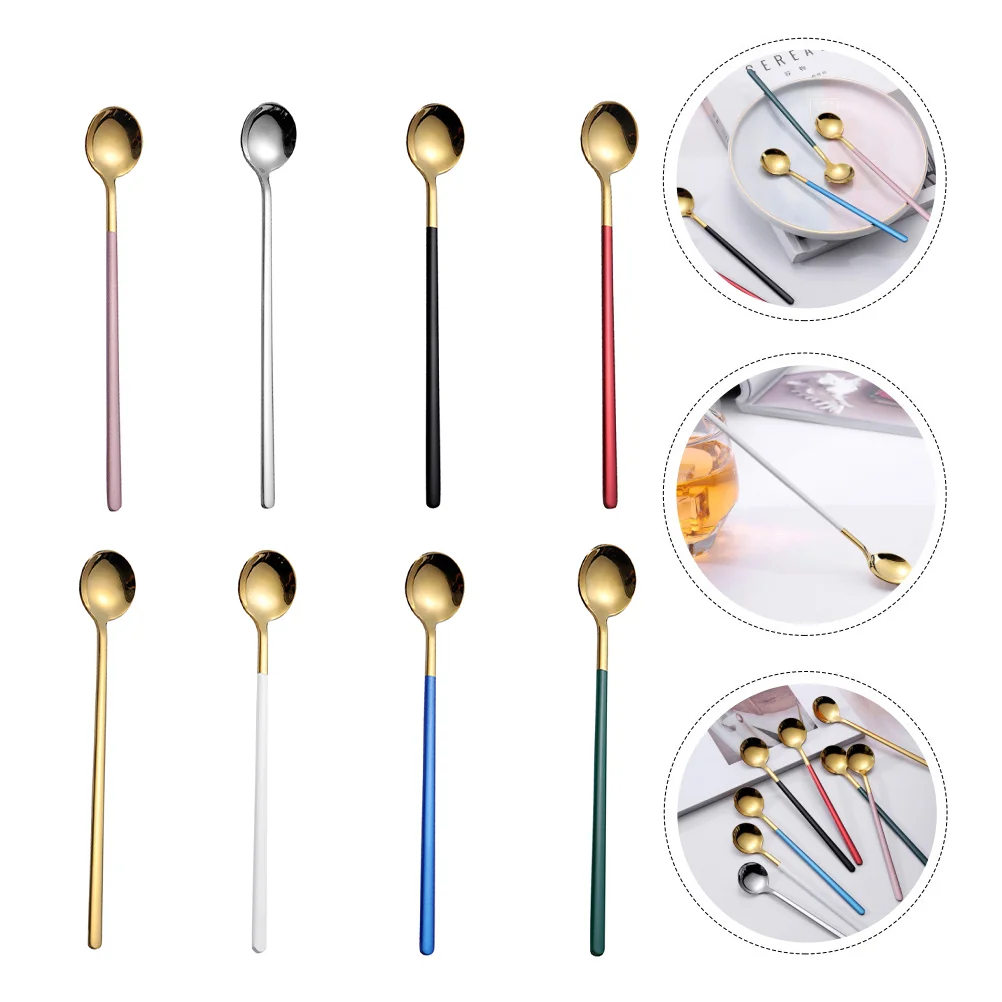 

8 Pcs Long Handle Mixing Spoon Dessert Spoons Coffee Cocktail Stainless Steel Stirring Teaspoon Scoop