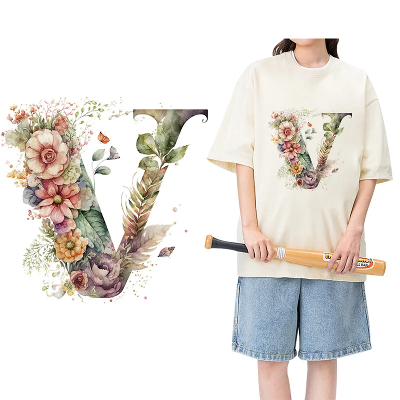 Retro Flower A-Z letter visual design iron on transfer for clothing dtf transfers ready to press Heat Transfer Printi