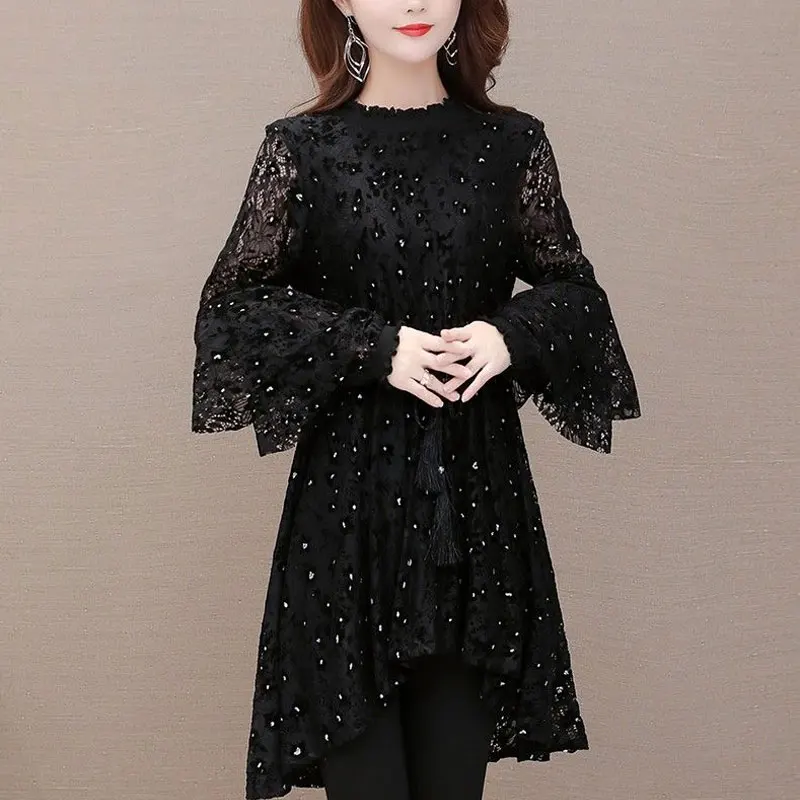 Elegant Stylish Lace Ruffles Spliced Shirt Spring Autumn Flare Sleeve Female Clothing Round Neck Casual Waist Drawstring Blouse