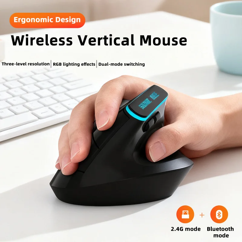Ergonomics Design Vertical Mouse RGB Light Effect Rechargeable or Battery Version Wireless 2.4G Bluetooth Dual-mode Mause
