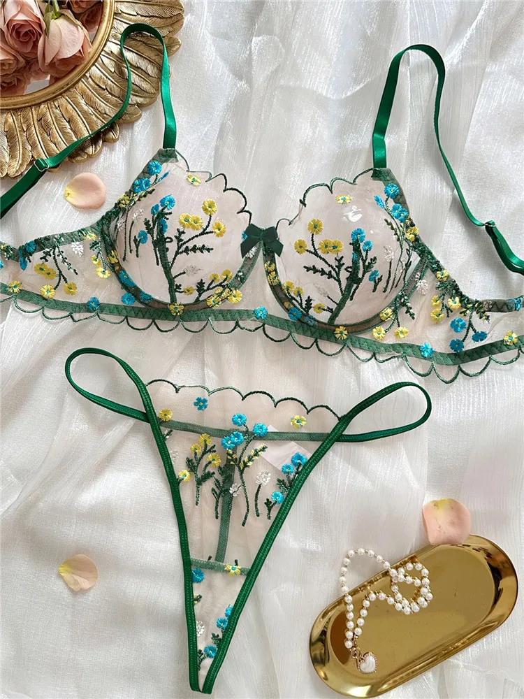 

Sexy Bra Brief Sets for Women Embroidery Floral Romantic Lingerie Green Transparent Lace Underwear Thong See Through Exotic Set