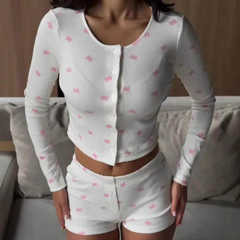 Women's Lounge wear Set New 2026 Spring Summer Knitted Printed Long Sleeve Pants Skin Friendly Pajamas L Size Fashion Two Pieces