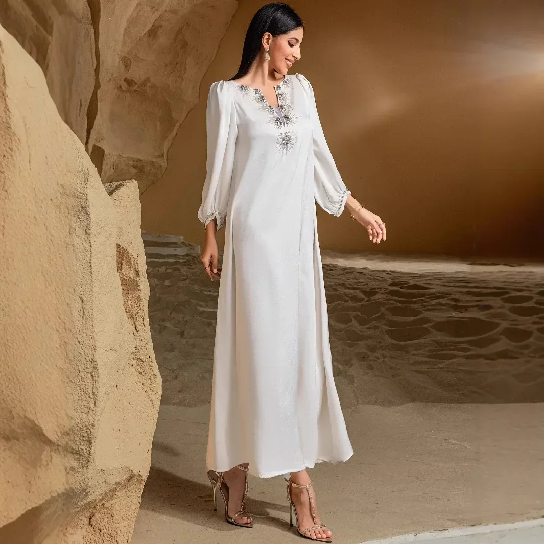 Eid Djellaba dubaï blanc Abaya diamants robe musulmane caftan Maxi robe Abayas mode femmes Ramadan Marocain Femme robe de soirée