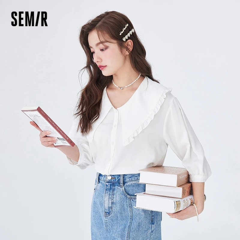 Semir Women Shirt Middle-sleeve Shirt Autumn New Easy-care White Gentle Stringy Selvedge Large Lapel Collar Clothes Shirt