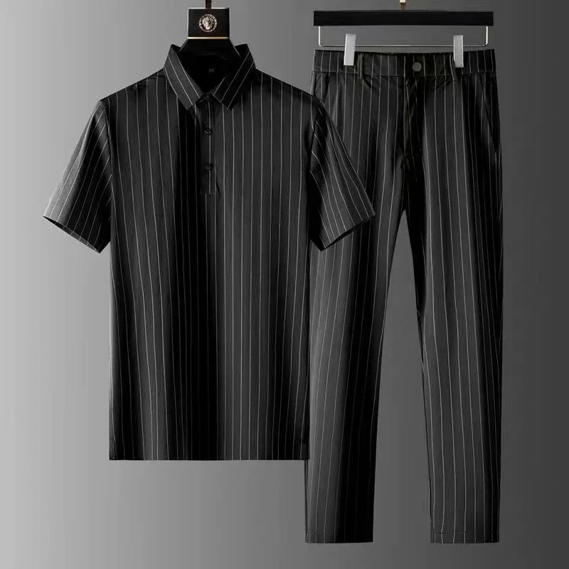 New Short-sleeve Thin Stripe Shirt + Trousers Two-piece Suit Mens Short Sets Business Casual Outfits Men Summer Luxury Clothing