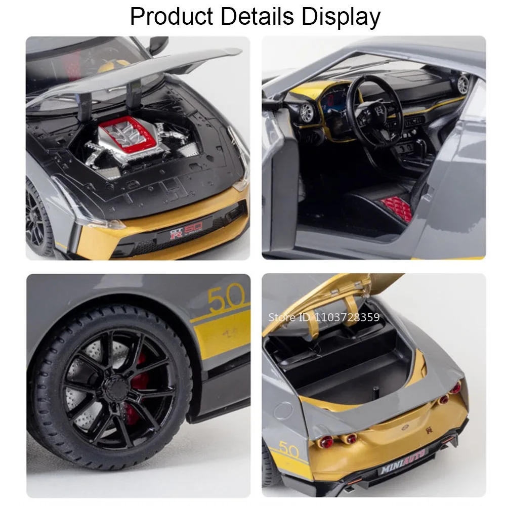 1:24 GT-R50 GT-R Toy Model Sports Cars Alloy Diecast Sound Light Doors Opened Pull Back Sound Light Supercar Toys for Kids Gifts