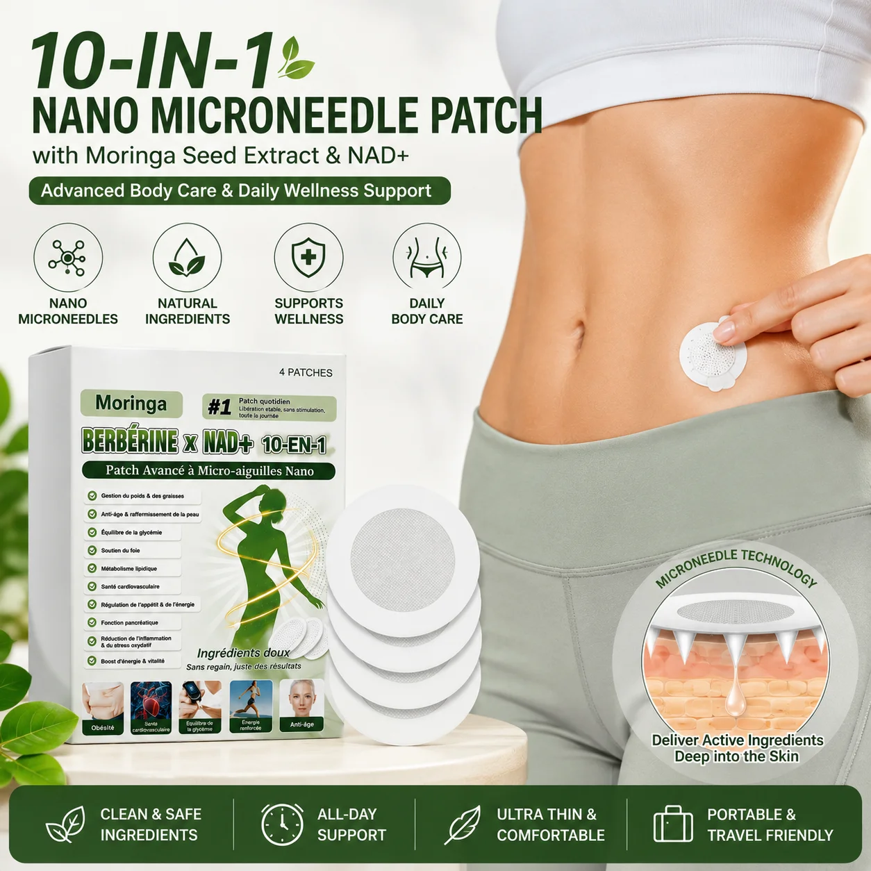 Moringa Seed Extract NAD+ Nano Microneedle Patches Gentle Skin Absorbing Skin Tightening Daily Body Care Patch for Women Men