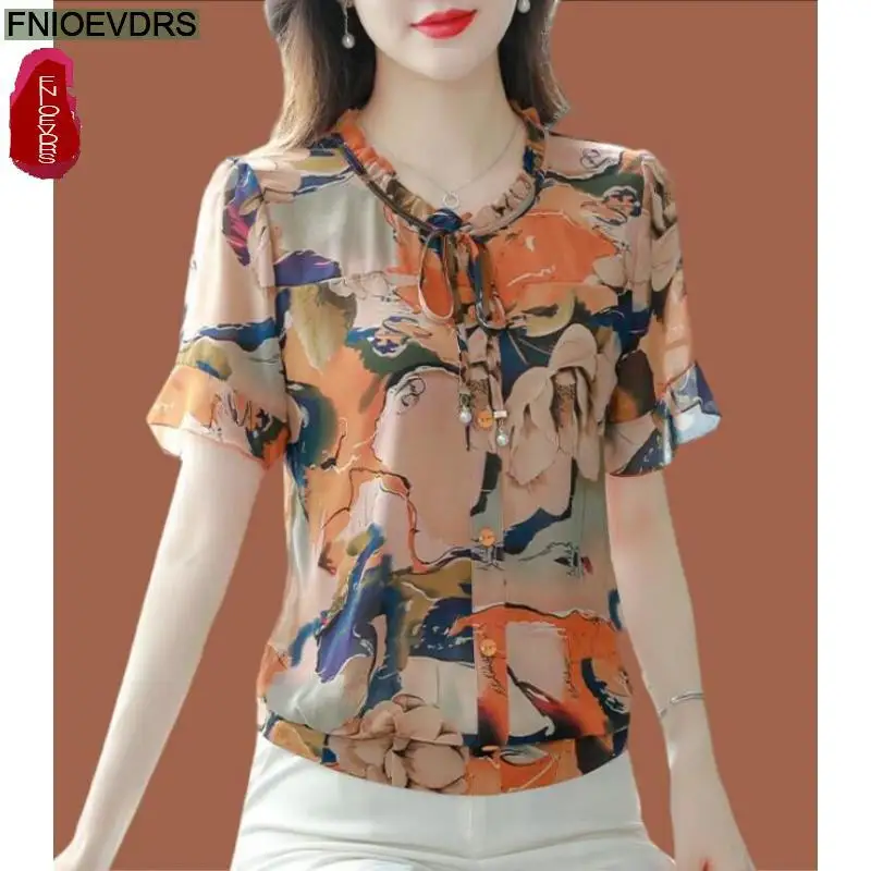 

S-3XL 2023 Women French Design Short Sleeve Elegant Office Lady Shirt Casual Retro Floral Print Bow Tie Rufles Tops Blouses