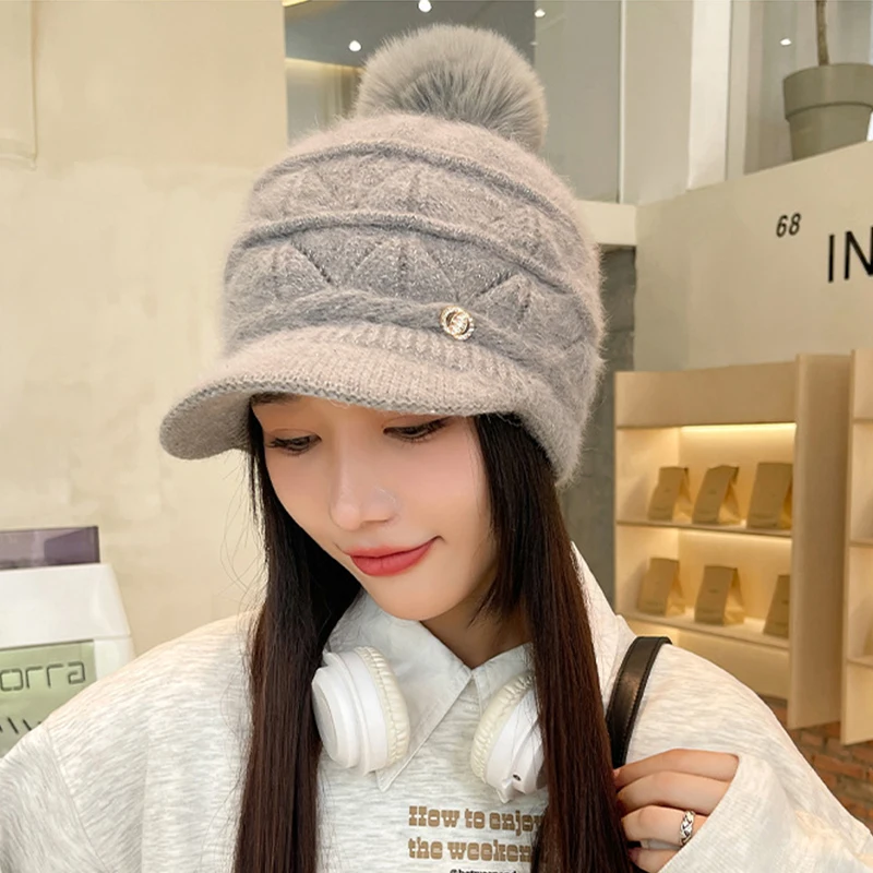 Autumn and winter hat female winter warm padded knitted cap wool cap thickened duck tongue cap warm plush ear protection cap