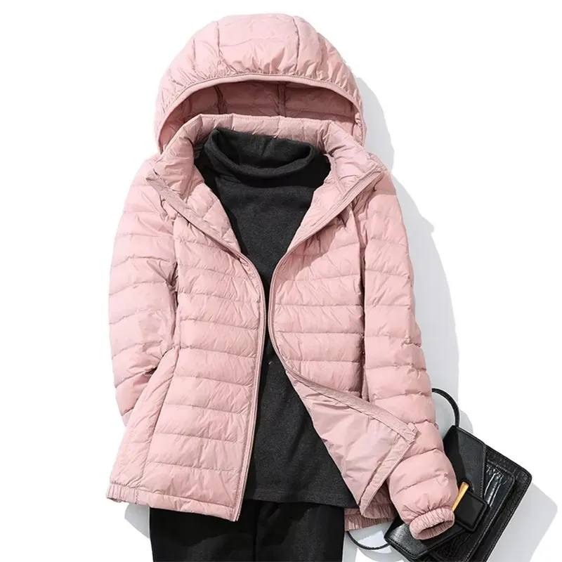 หมวกที่ถอดออกได้Hooded Down Coatฤดูใบไม้ร่วงฤดูหนาวผู้หญิงUltra Lightบางเป็ดสีขาวลงเสื้อแจ็คเก็ตParkasสุภาพสตรีสั้นWarm Outwears