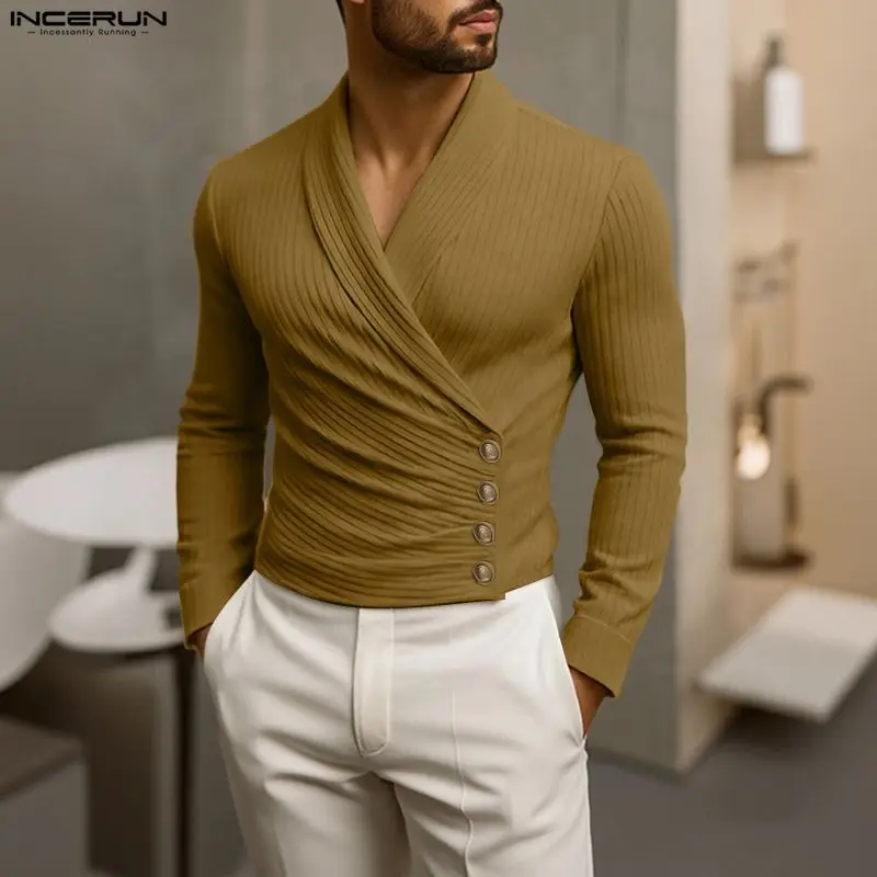 INCERUN Men T Shirt Solid Color Knitted V Neck Long Sleeve Male Tee Tops 2026 Streetwear Spring Fashion Casual Camisetas S-3XL