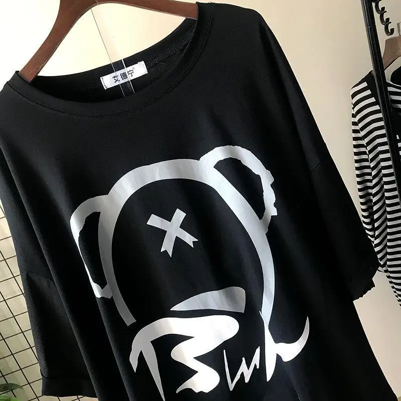 Camisetas holgadas con estampado de dibujos animados para mujer, camiseta de media manga con cuello redondo de gran tamaño, ropa informal de moda de