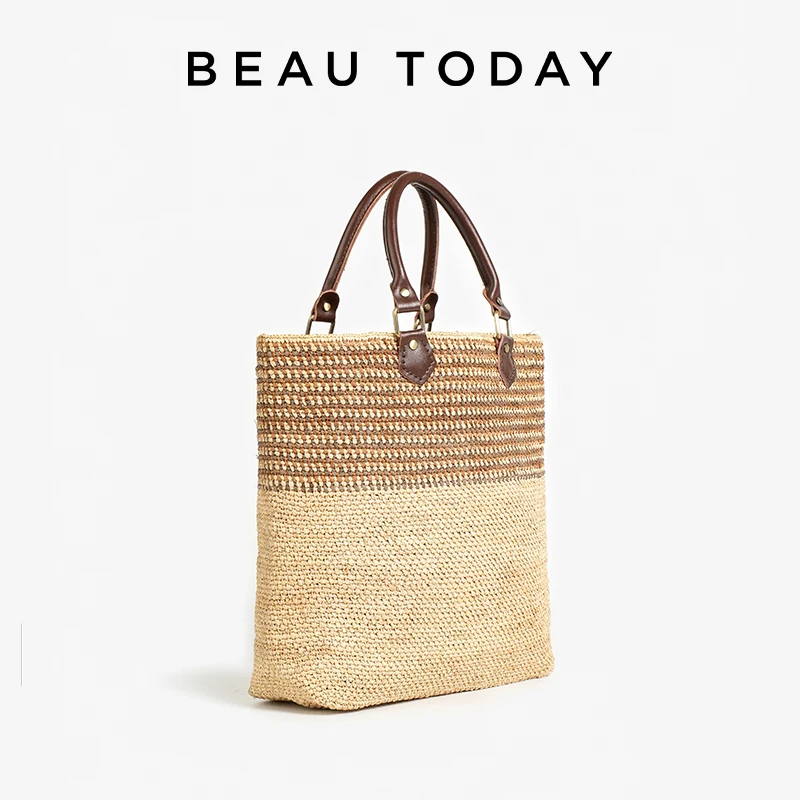 

Женская сумка-тоут BEAUTODAY из рафии, разноцветная, в стиле ретро, большая вместимость, с ручкой из коровьей кожи, с открытым карманом, ручная работа, 62086