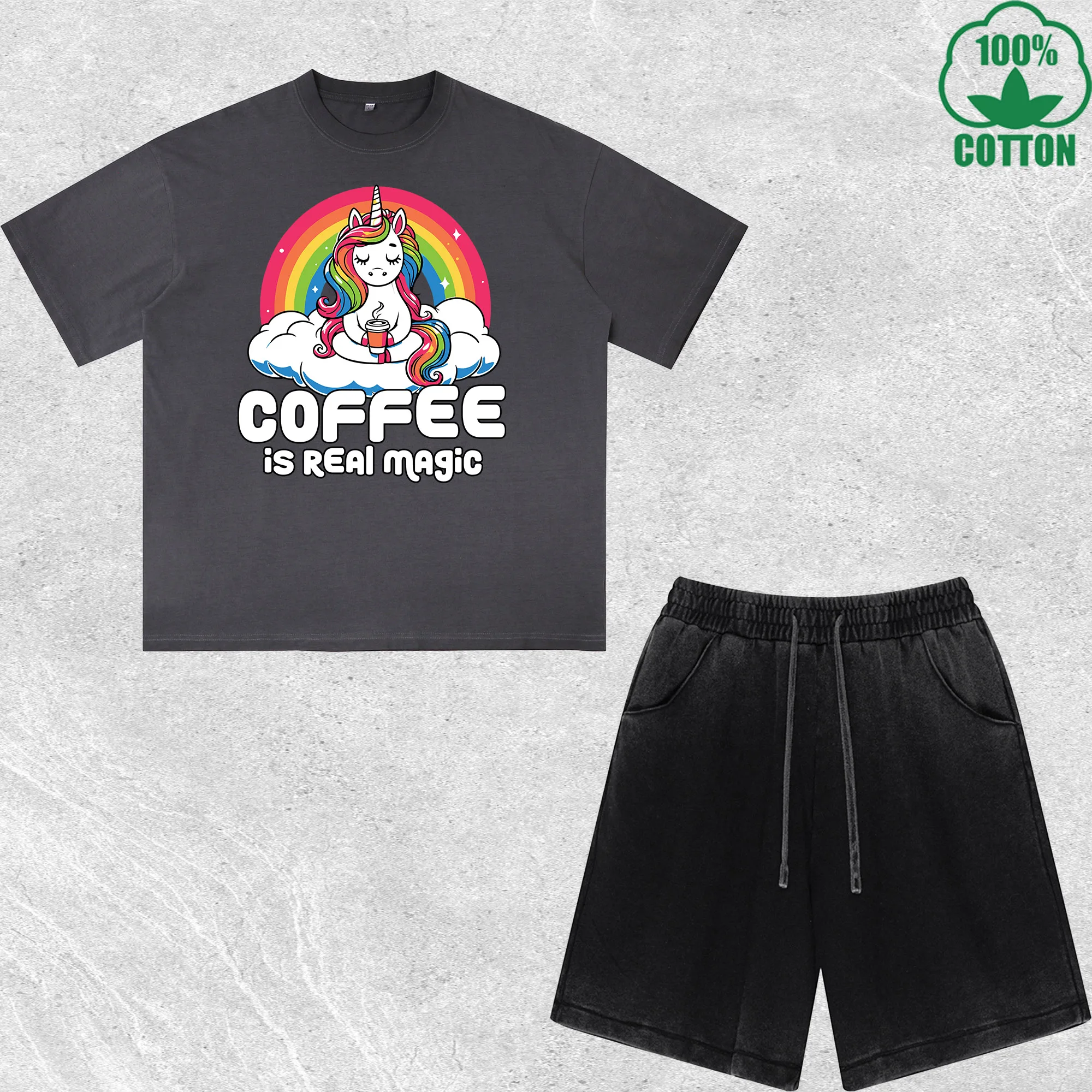 

Coffee Is Real Magic Printed Dirty Wash T-Shirt Shorts Set Multicolor Combo Loose Trendy Fashionable 100%Cotton