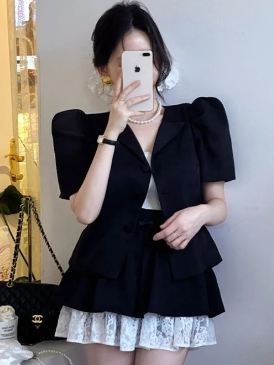 

Retro Anti-Aging Bubble Sve Suit Jaet Women's Summer New High-End Lace Splicing Skirt Faion Set Student orm