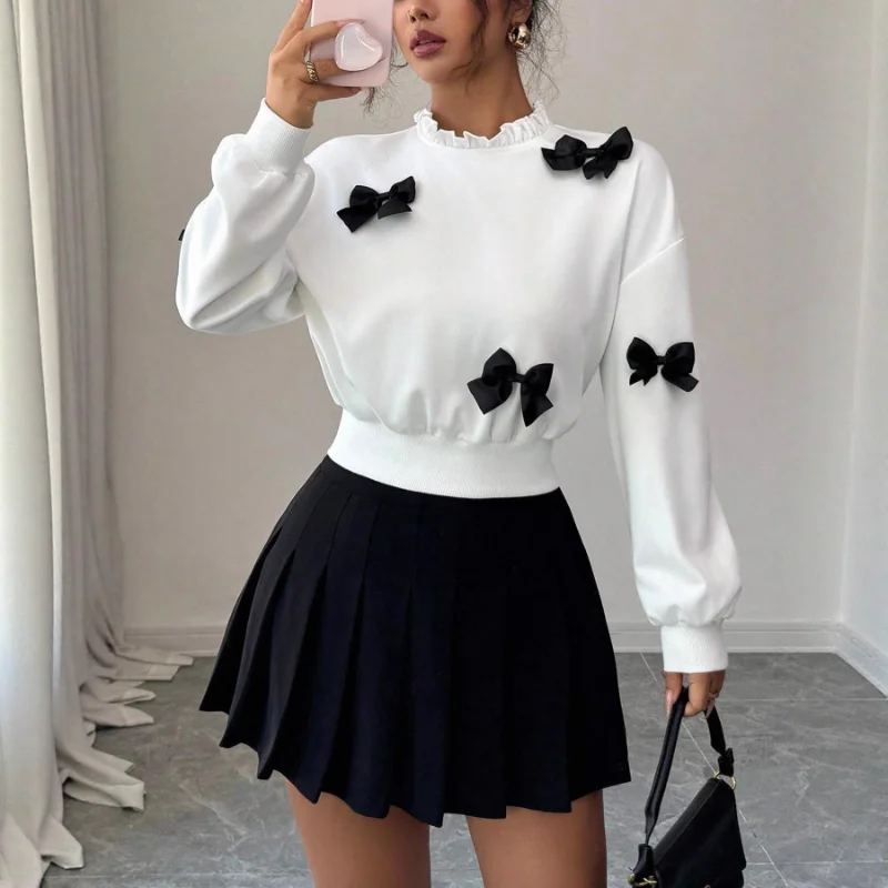 

Tops for Women Fashionable Simple Bow Knot Decorated Short Sweatshirt Pullover