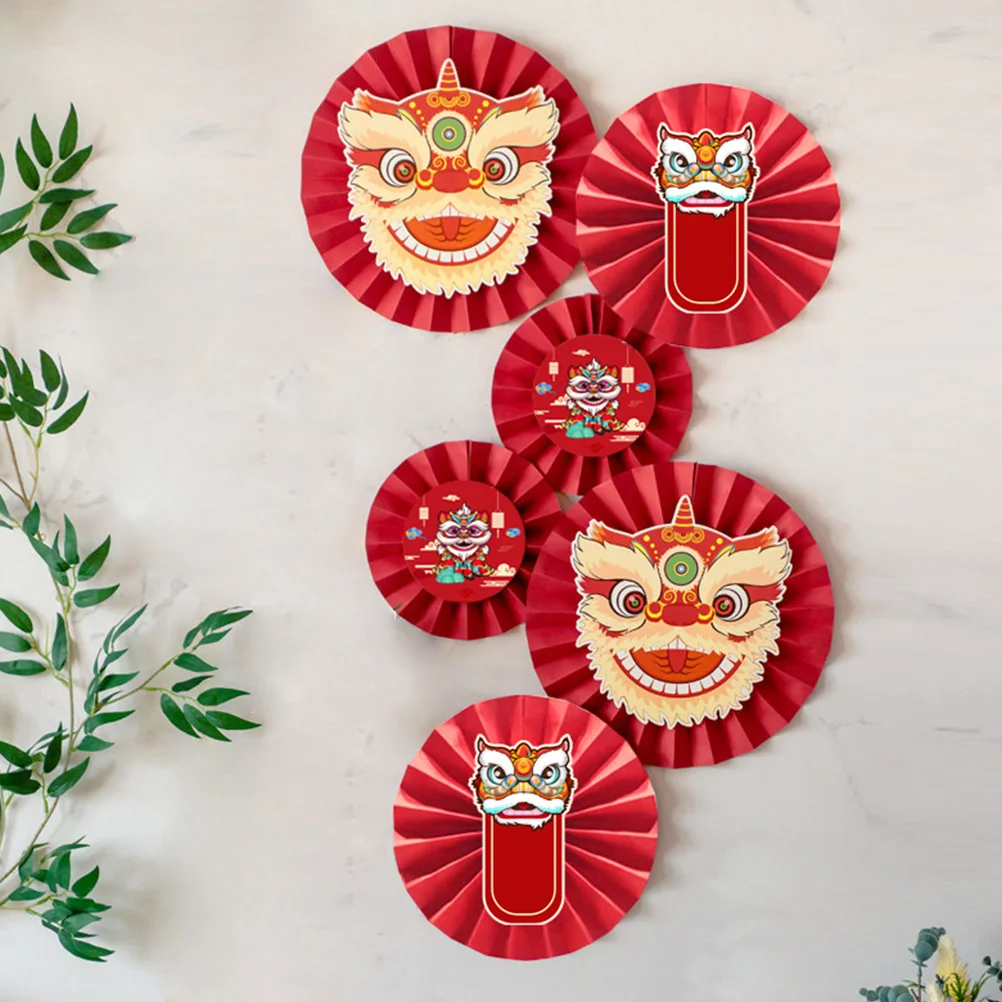 

12Pcs Paper Fan Flower Background Decor Dancing Lion Pattern Party Supply Photo Props Ornament Paper Fan Flower